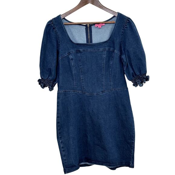 BETSEY JOHNSON Denim Puff Sleeve Mini Dress Size L Luxe Feminine Glam Designer - Picture 1 of 13